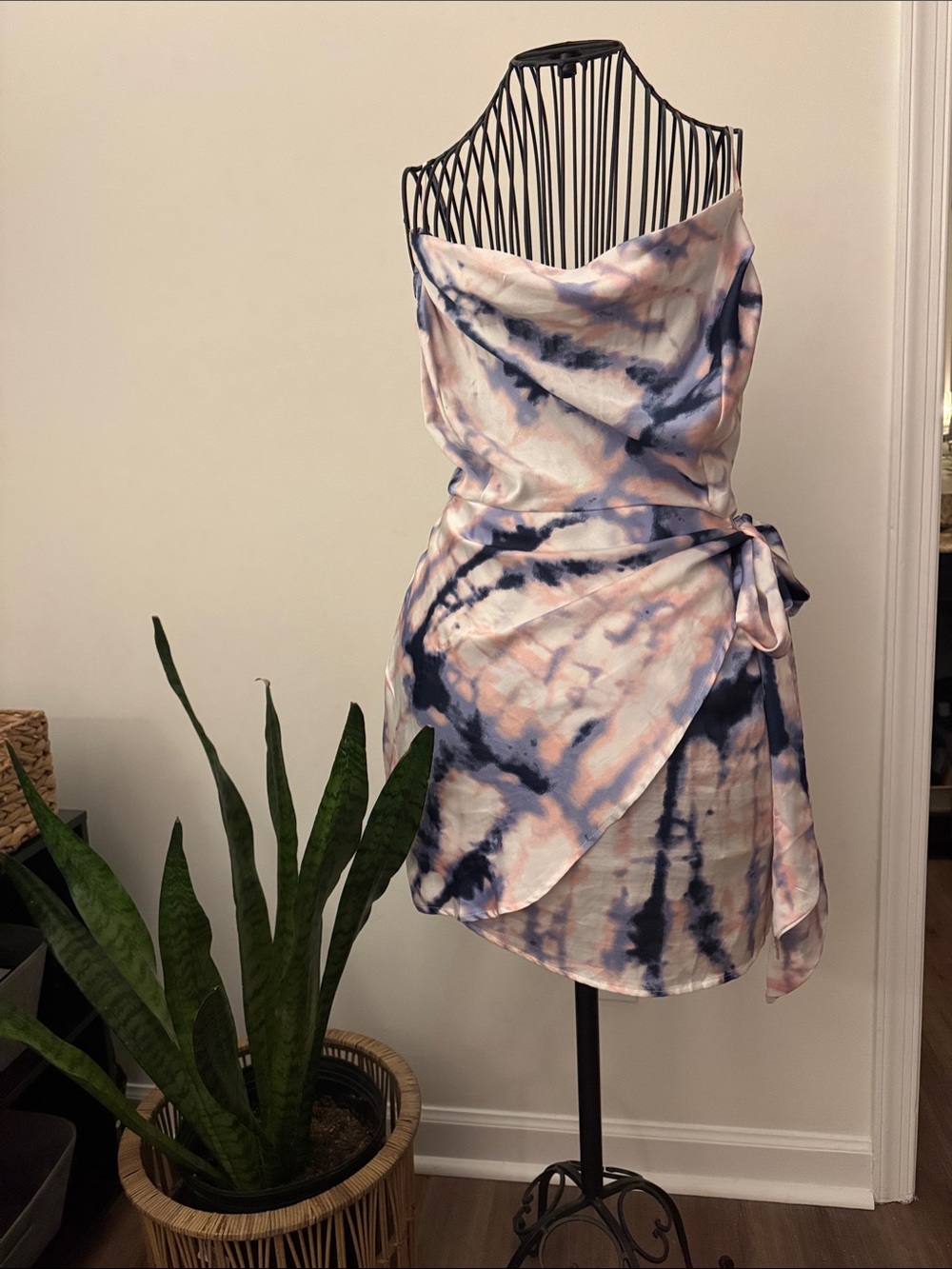 Spaghetti Strap Satin Wrap Dress in Pink and Navy